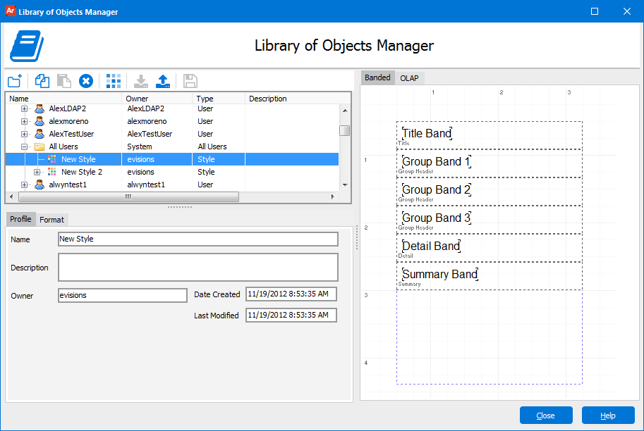 The Library of Objects Manager dialog box.